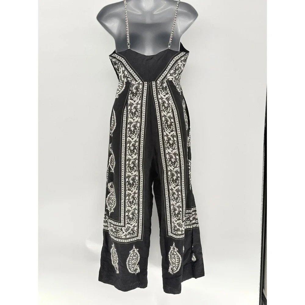 Free People Jumpsuit Linen Cotton Boho Wide Leg Black White Women Size 4 Bandana